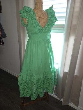 English Factory Bright Green Eyelet Ruffle Midi Dress